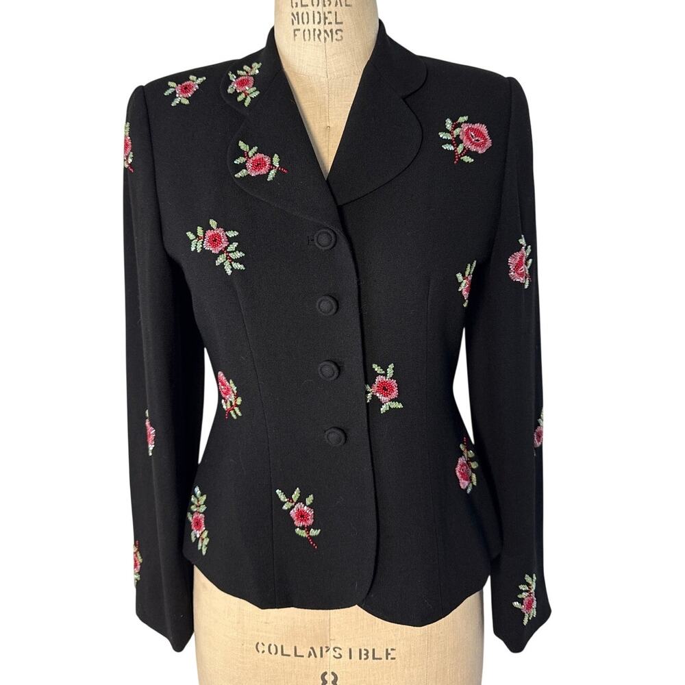 ZELDA Vintage Black Jacket with Hand-Beaded Red Roses Size 4 90s Glam